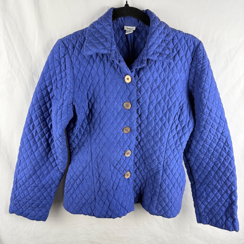 Kiko Blue Silk Quilted Jacket Small Button Up Old Money Coastal‎ Quiet Luxury